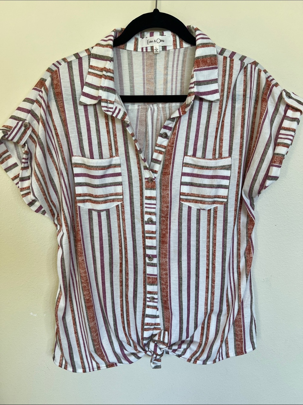Women's Striped Button-Front Tie Top - L